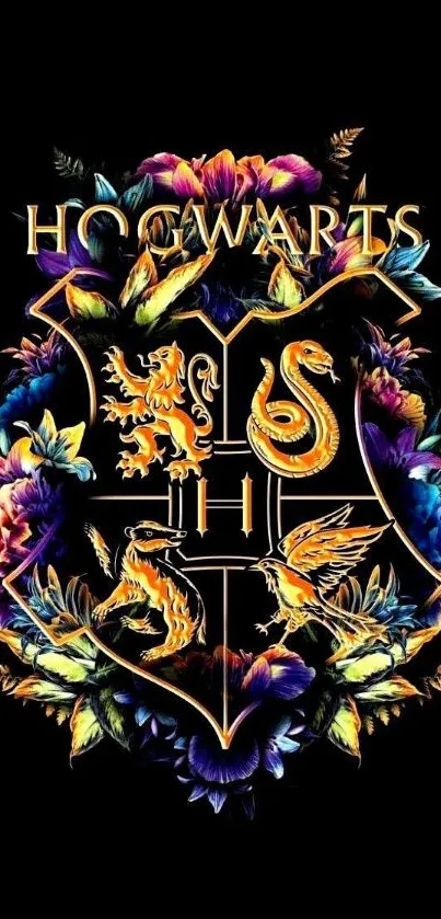 Vibrant floral Hogwarts emblem on black background.