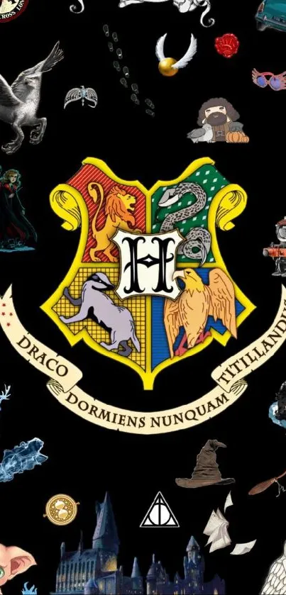 Hogwarts emblem with magical elements on black background.