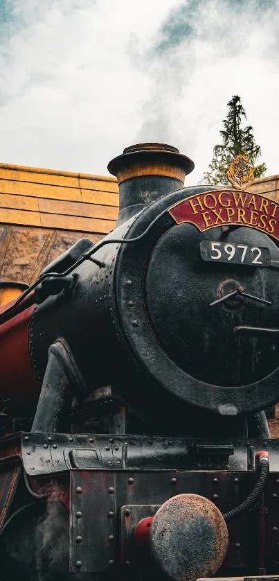 Hogwarts Express steam train close-up with vintage locomotive design.