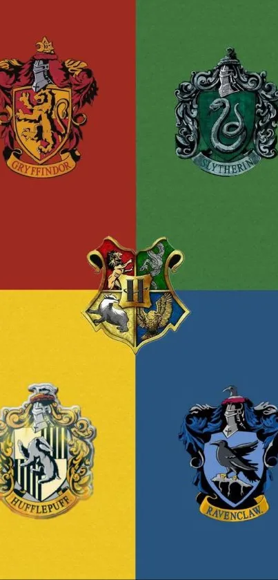 Hogwarts house crests against colorful backgrounds.