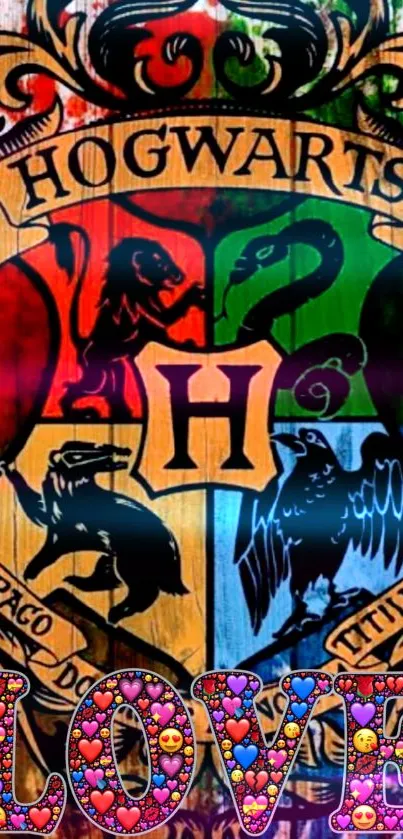 Hogwarts crest with 'Love' text, colorful design.