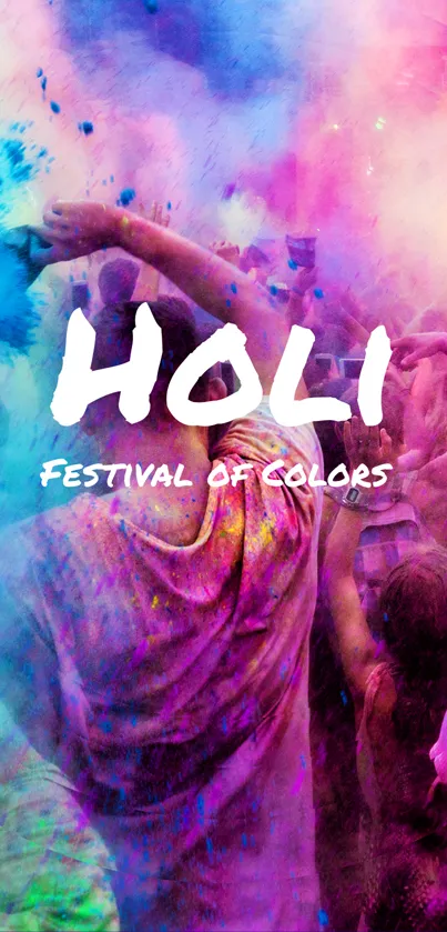 Colorful Holi festival with vibrant crowd and pink hues.