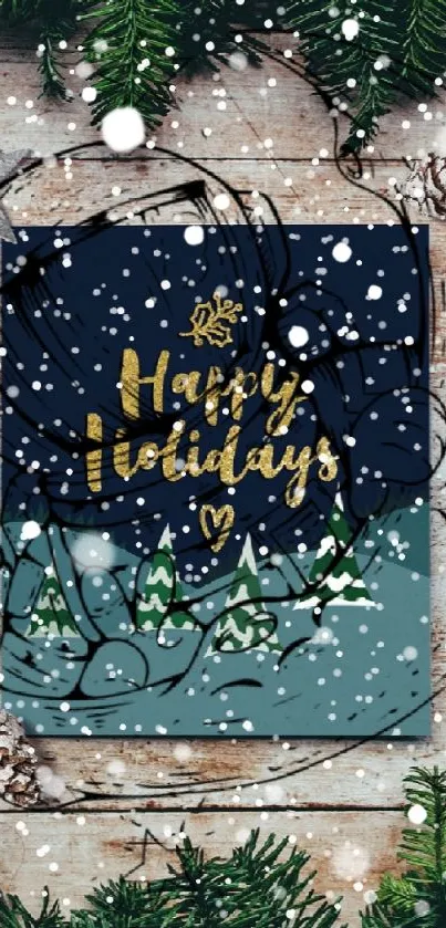 Festive mobile wallpaper with holiday greetings surrounded by pine branches.