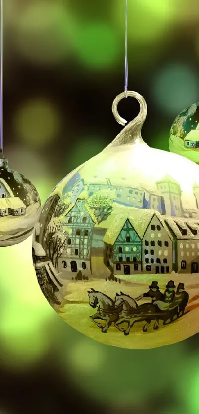 Festive green ornament wallpaper with village scenes.