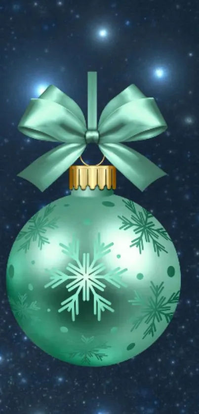 Green Christmas ornament with bow and snowflakes on a starry background.