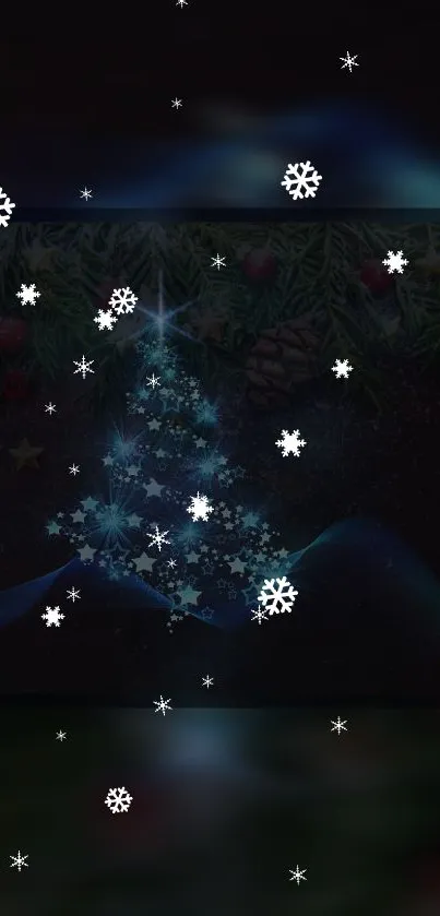 Christmas tree wallpaper with snowflakes and holiday glow.