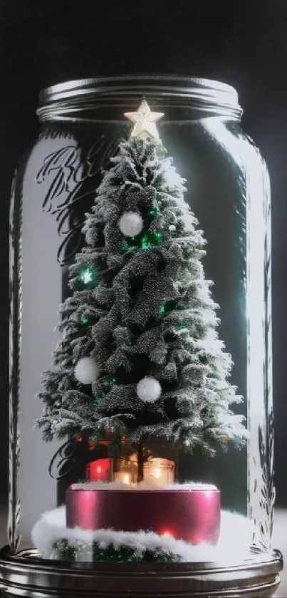 Christmas tree inside glass jar with festive lights.