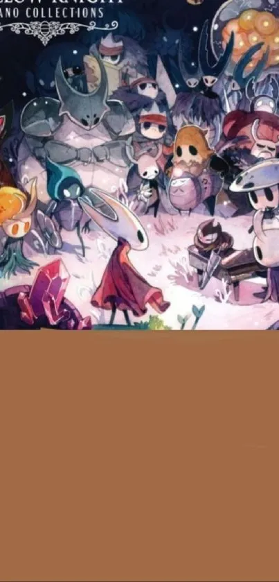 Hollow Knight characters in a colorful fantasy setting mobile wallpaper.