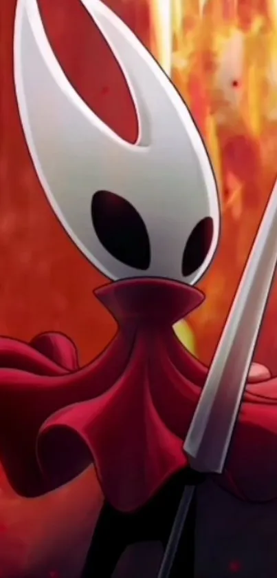 Hollow Knight character against a fiery red background.