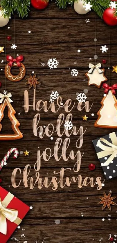 Holly Jolly Christmas wallpaper with cookies, ornaments, and gifts on a wooden background.