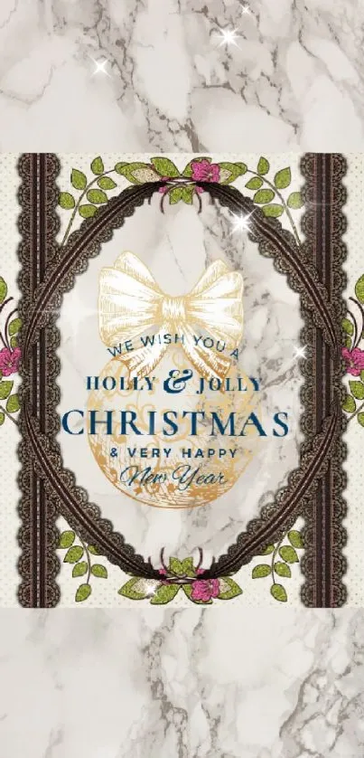 Elegant Christmas wallpaper with floral frame and festive greeting.