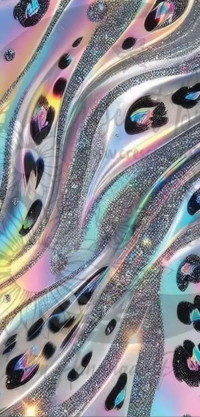 Holographic abstract waves in vibrant colors with bold patterns.