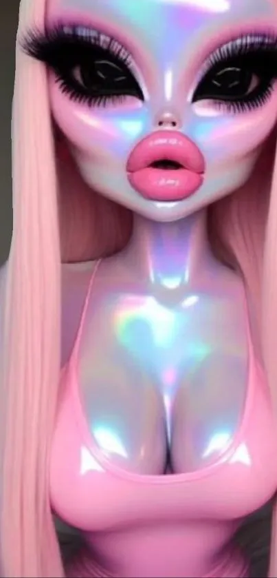 Holographic art doll in pink tones, vibrant mobile wallpaper.