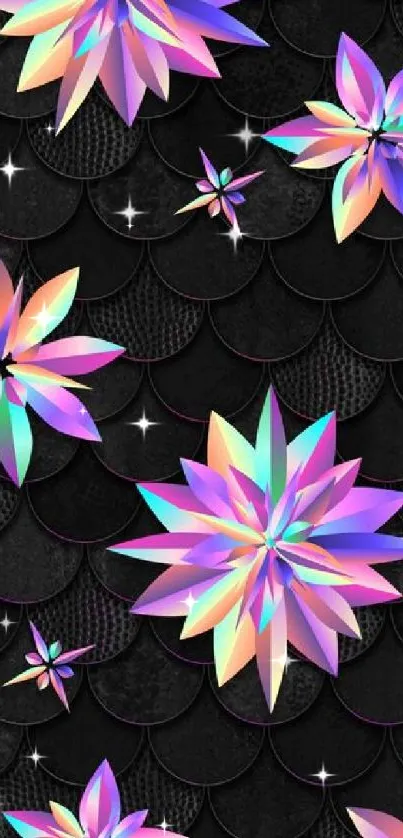 Vibrant holographic floral wallpaper with geometric flowers on black background.