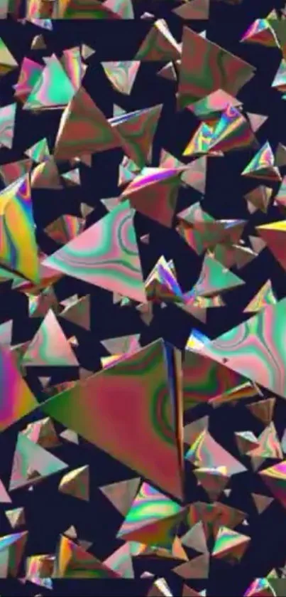 Holographic triangles creating a vivid geometric wallpaper.