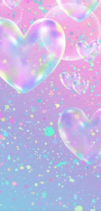 Vibrant holographic pastel hearts design on a colorful background.