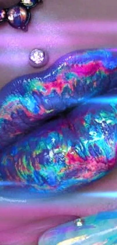 Holographic lip and nail art with vibrant, glossy colors.