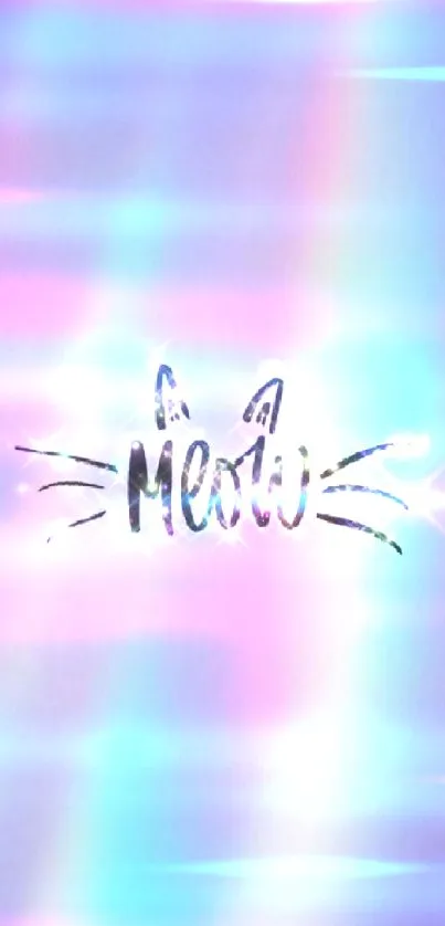 Holographic wallpaper with 'Meow' text on a colorful gradient.