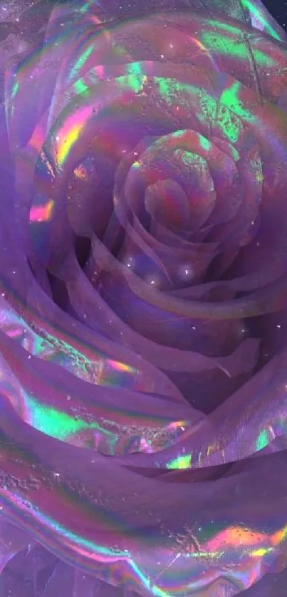 Stunning holographic rose with shimmering colors on a starry background.