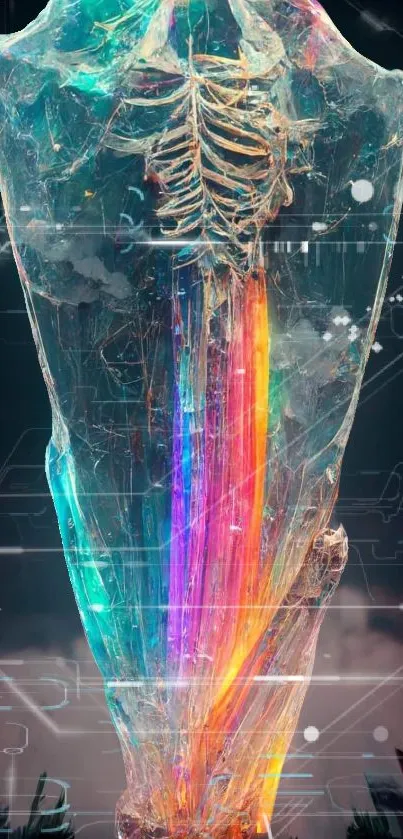 Holographic skeleton with rainbow hues and cyberpunk details.