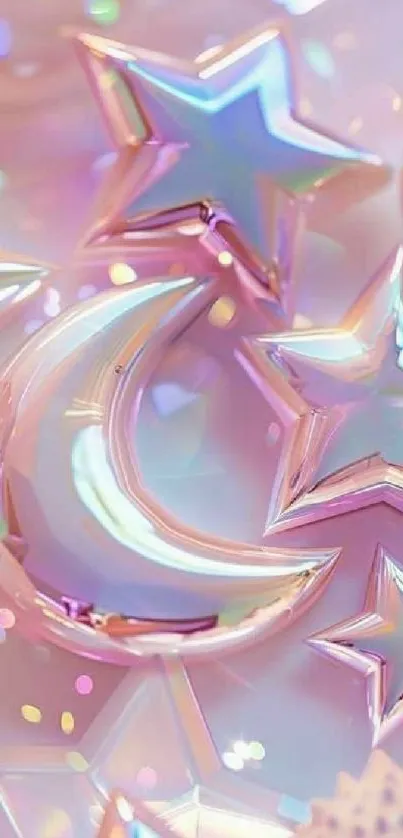 Iridescent pastel moon and stars design.