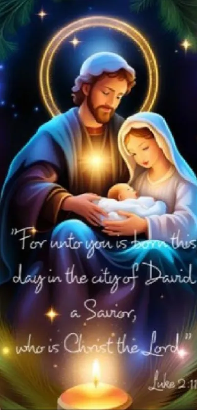 Mobile wallpaper with Holy Family and glowing candles for Christmas.