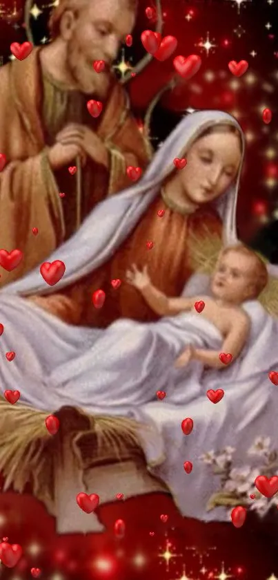 Holy family with hearts mobile wallpaper, featuring Mary, Joseph, and baby Jesus.