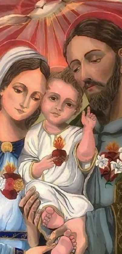 Artistic depiction of the Holy Family in vibrant colors with spiritual symbols.