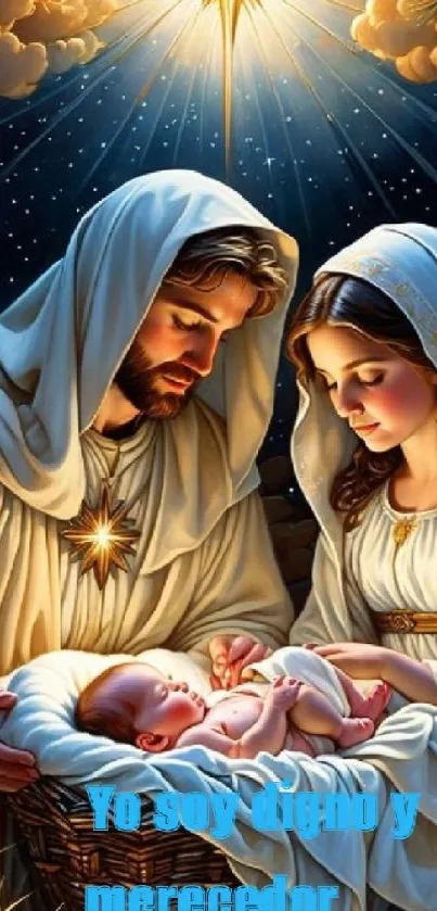 Illustration of Nativity scene with Holy Family under starlit sky.