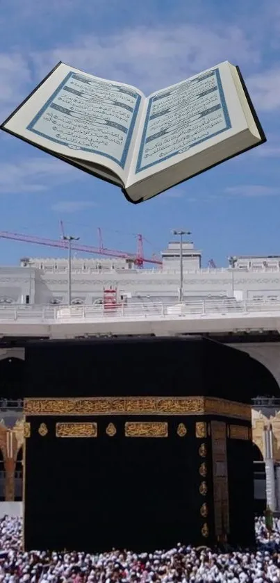 Mobile wallpaper of the Kaaba and an open Quran with a blue sky backdrop.