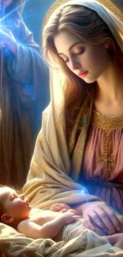 Serene art of a holy mother and child in soft light.