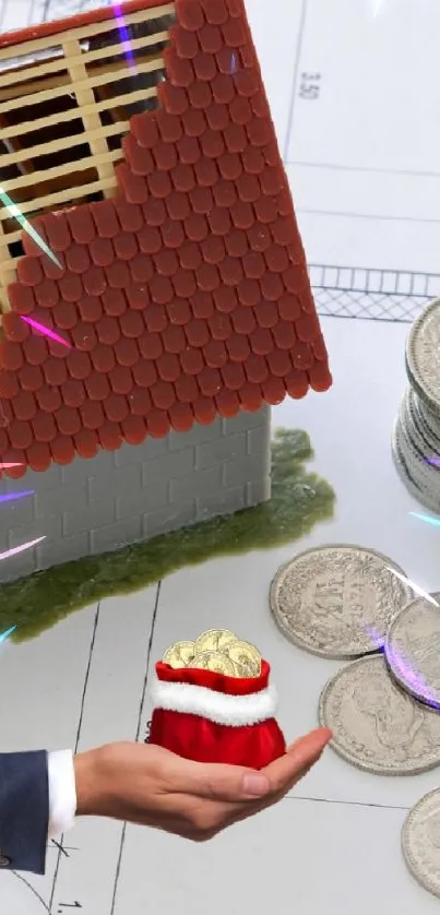 Model house and coins on architectural blueprints, symbolizing financial planning.