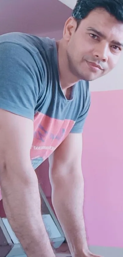 A man working out at home gym with fitness equipment.