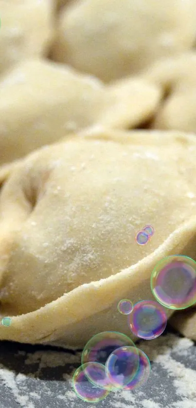 Close-up of homemade dumplings with flour dusting.