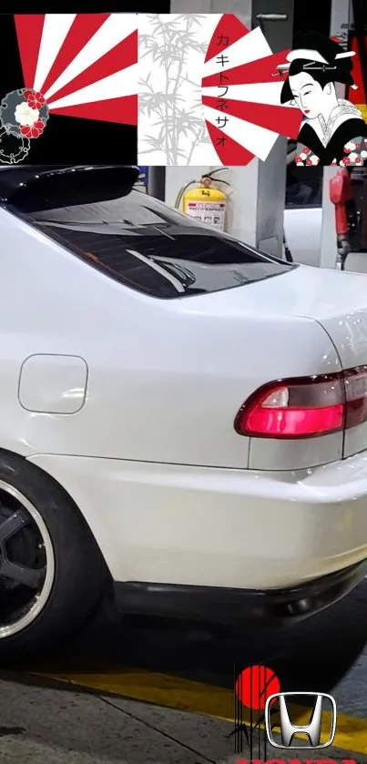 Honda car with Geisha art in a gas station setting.