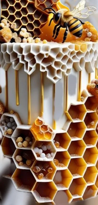 Intricate honeycomb art wallpaper with a bee and vibrant colors.