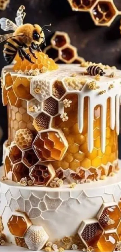 Honeycomb cake with bees and honey drips in rich warm hues.