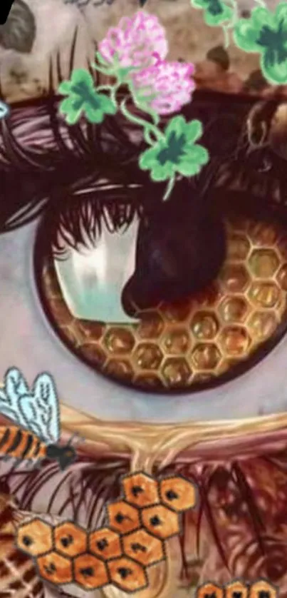 Eye art with honeycomb and flowers illustration in vibrant colors.