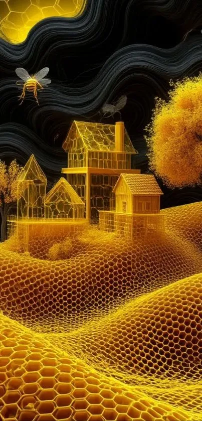 Surreal honeycomb landscape with bees.