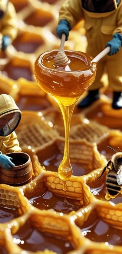 Mini figures harvesting honey on a detailed honeycomb.