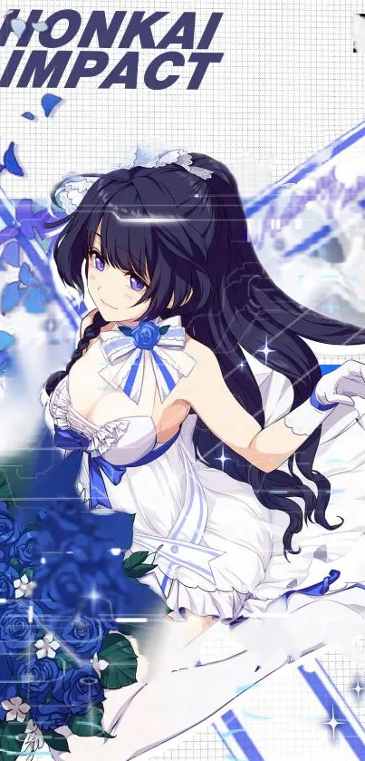 Stylish anime character in white dress with blue accents from Honkai Impact game.