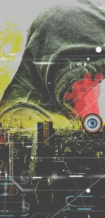 Hooded figure amidst a fiery urban landscape with a surreal eye.