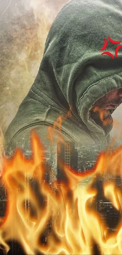 Hooded figure with flames in an urban setting mobile wallpaper.