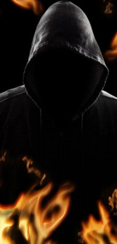 Hooded figure surrounded by glowing flames.