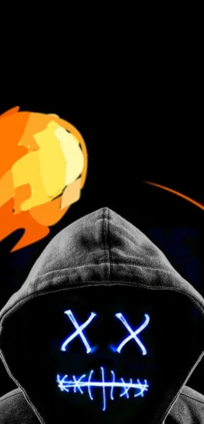 Hooded figure with glowing blue LED eyes and fiery meteor.