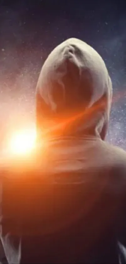 Hooded figure against a cosmic space background with glowing light.