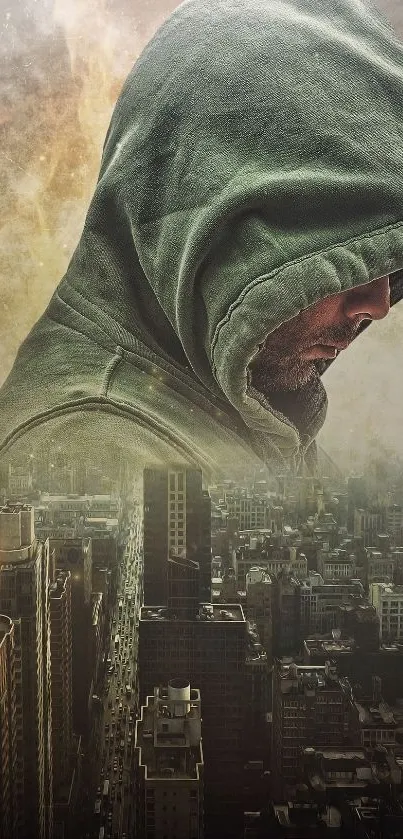 Hooded figure overlooking a city skyline in an artistic digital design.