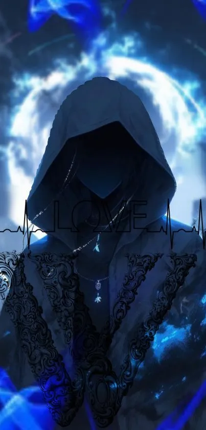 Hooded figure with blue aura in dark mystical setting.