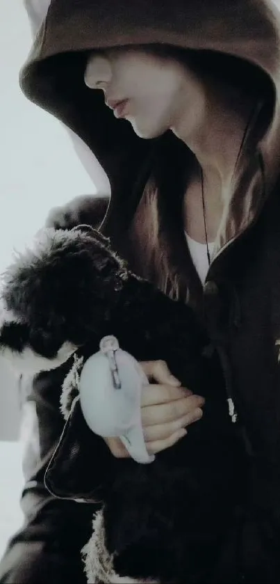 Hooded figure holding a small black dog in a dark setting.