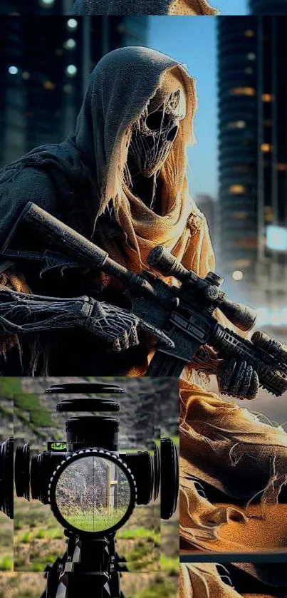 Dark hooded figure with a rifle in a cityscape wallpaper.